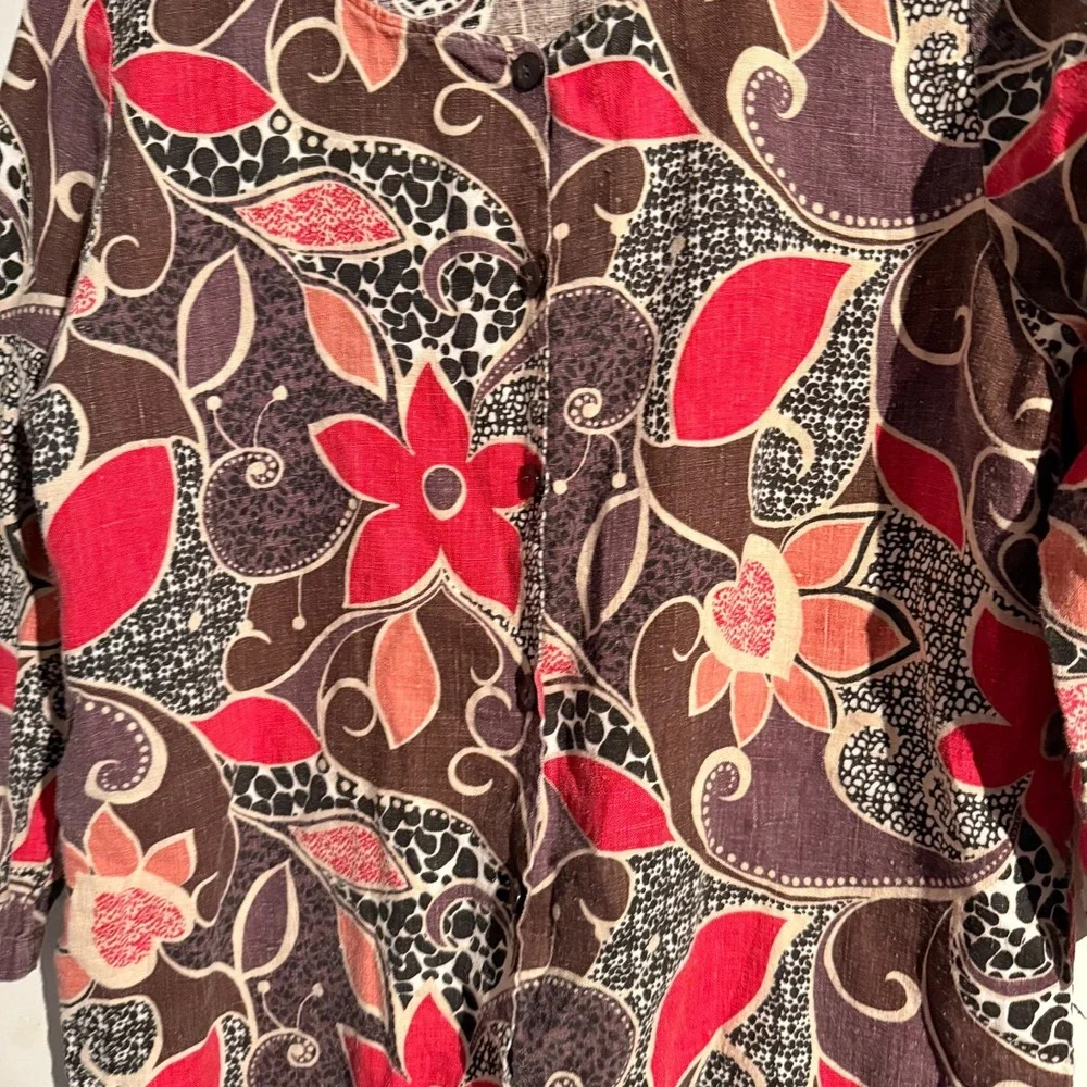 Hot Cotton Medium Linen Blouse Floral‎ Print Boho Artsy Retro Resort - Picture 2 of 4